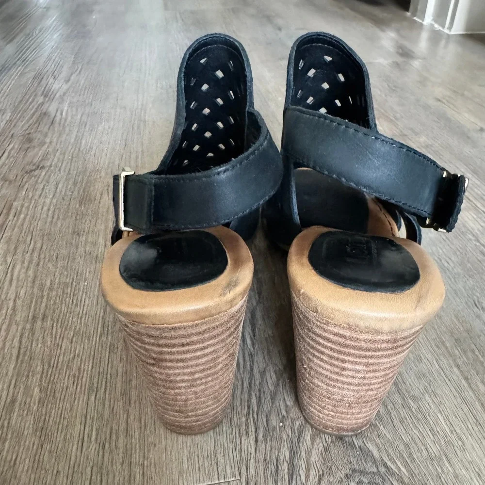 Born‎ Black Leather Havana Perforated Block Heel Slingback Sandals Size 8M